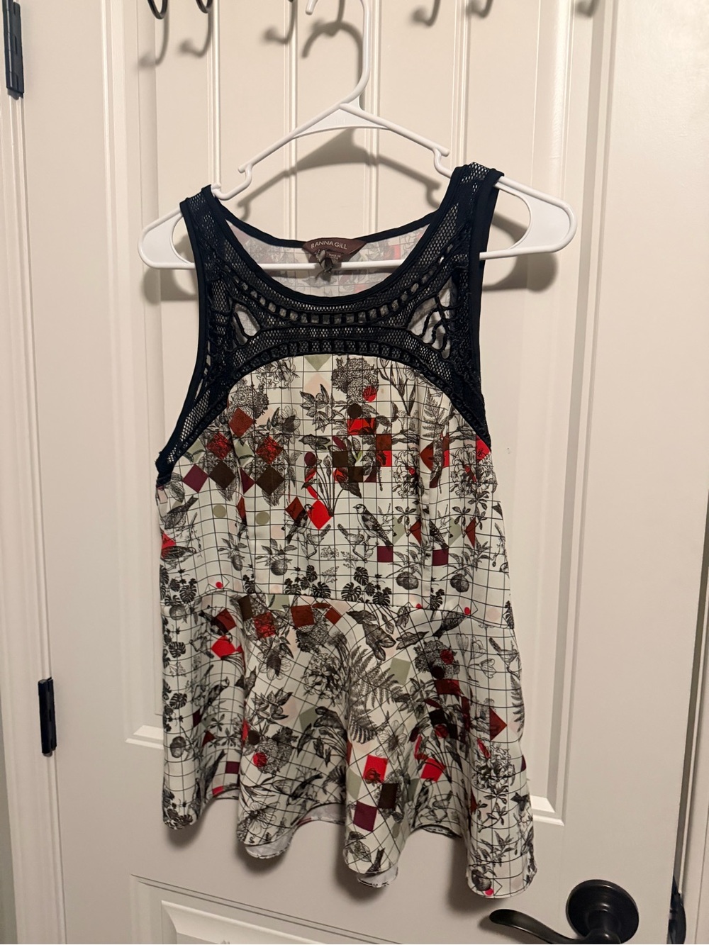 Anthropologie Black Crochet-Yoke Tank with Cream, Black and Red Print